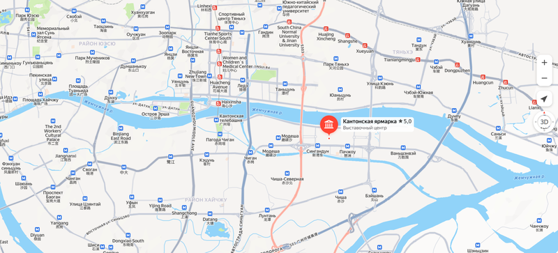 Снимок экрана карты нахождения Кантонской ярмарки в Гуанчжоу Китай