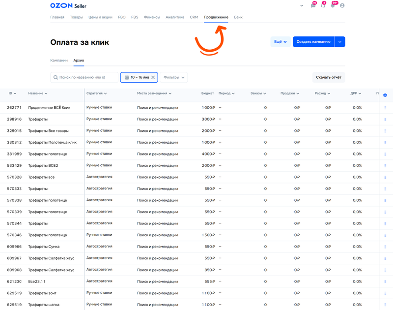 Страница настройки рекламных кампаний «Трафареты»